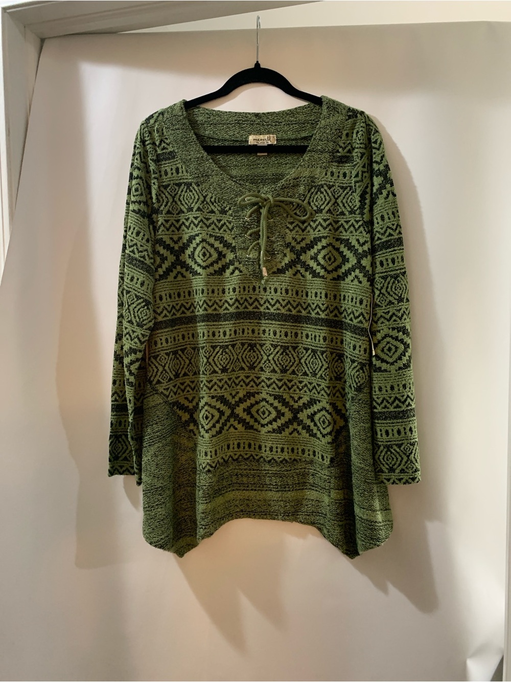 ONE WORLD Olive Green Lace-Up Geo Knit Tunic